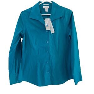 New Chico's Effortless Cotton Lenora No Iron Womens Blouse Deep Emerald Sz 1 M